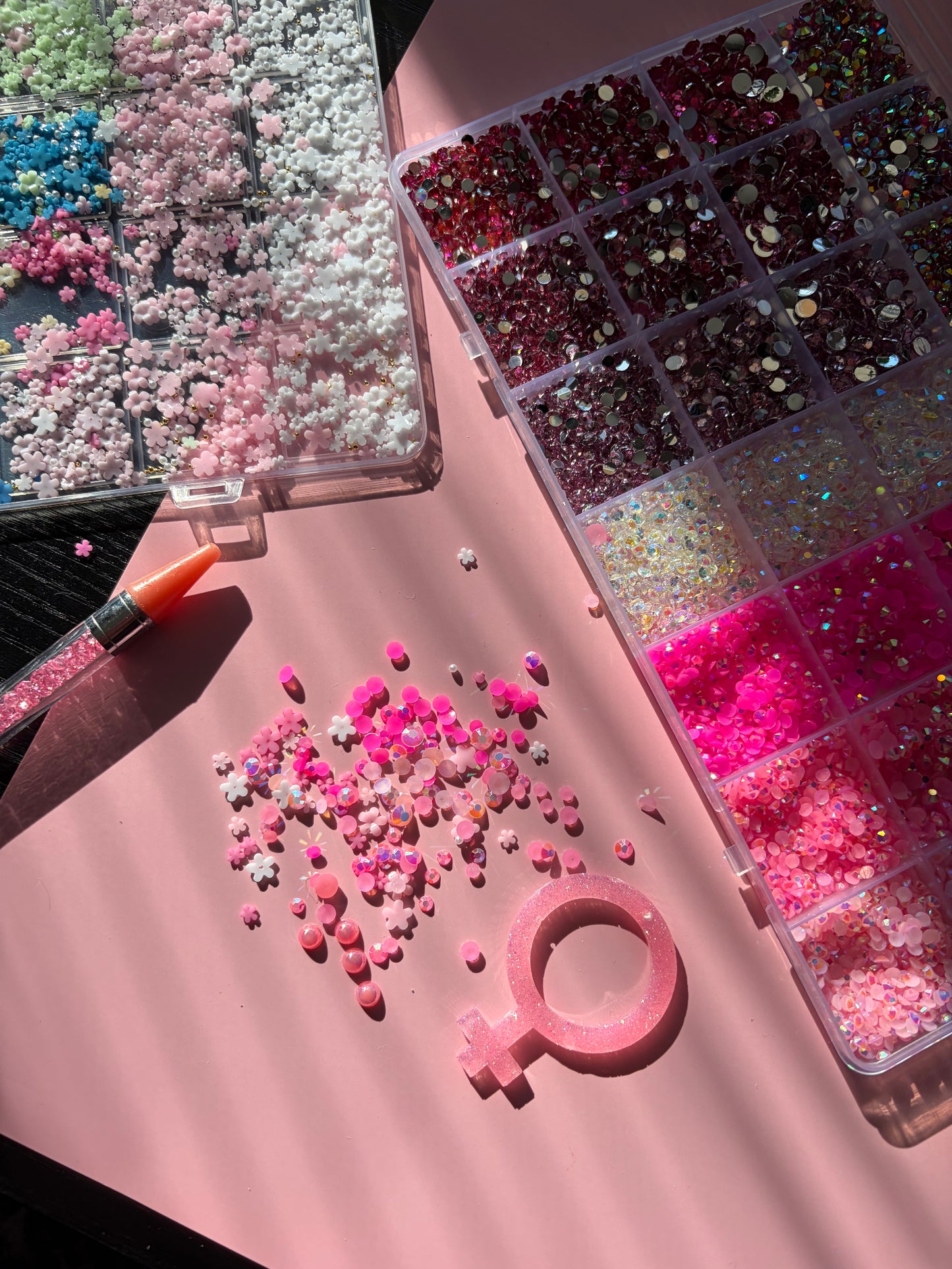 Rosa Kvinnotecken med Blommor och Rhinestones